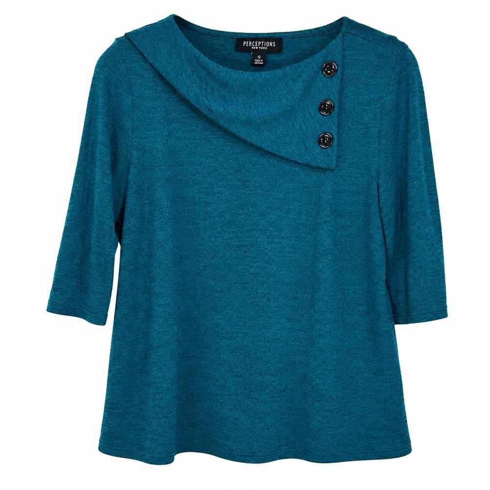 Perceptions New York Womens Teal Knit Top 3/4 Sleeve Button Neck Size 12
